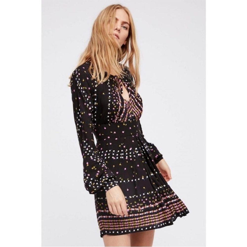 Free People Womens Coryn Dress 2 Long Sleeve Boho Peasant Black Dot Backless